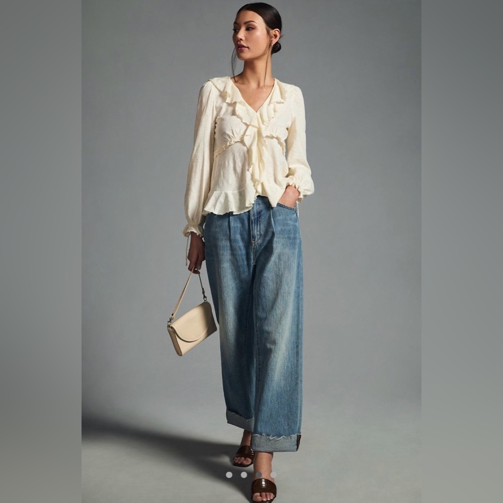🎀NWT🎀 Anthropologie Ruffled Tie Long Sleeve Top, Size XL, Cream